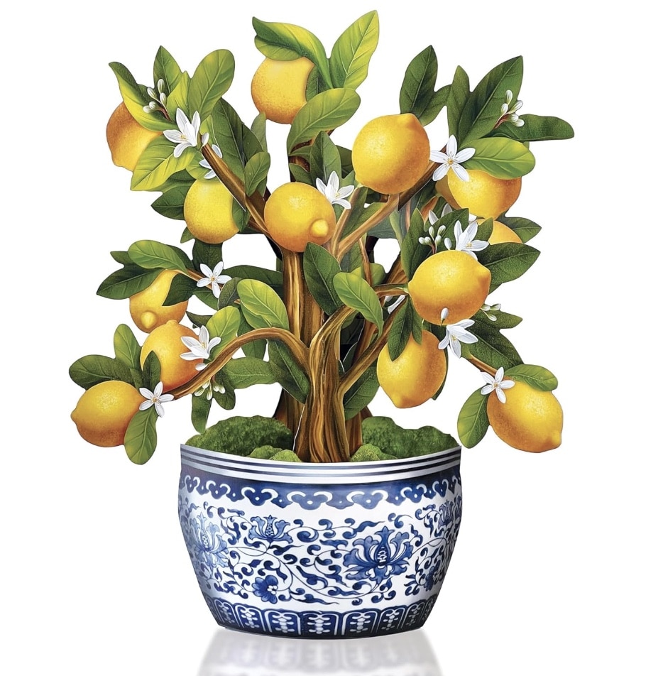 Illustration of a lemon tree with vibrant yellow lemons and white blossoms, reminiscent of easy flower paper crafts, in a decorative blue and white floral-patterned pot. The lush green leaves stand against a simple white background.